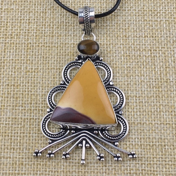 New Mookaite & Tiger’s Eye Stone Silver Overlay Pendant Necklace - Picture 2 of 9